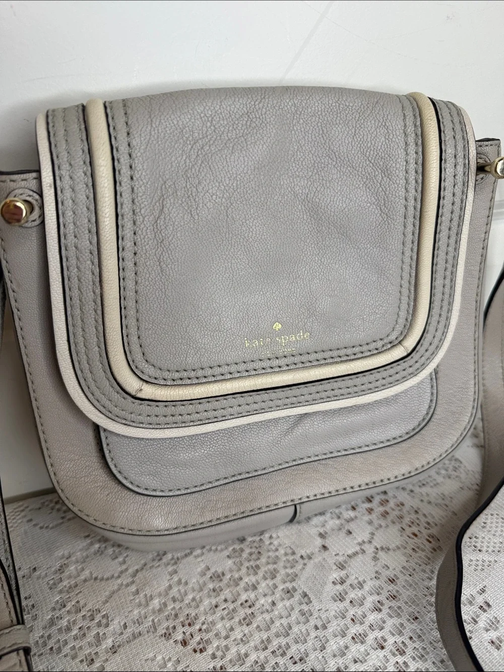 Kate Spade Pebbled Gray Layered Flap Crossbody with Gold Accents
